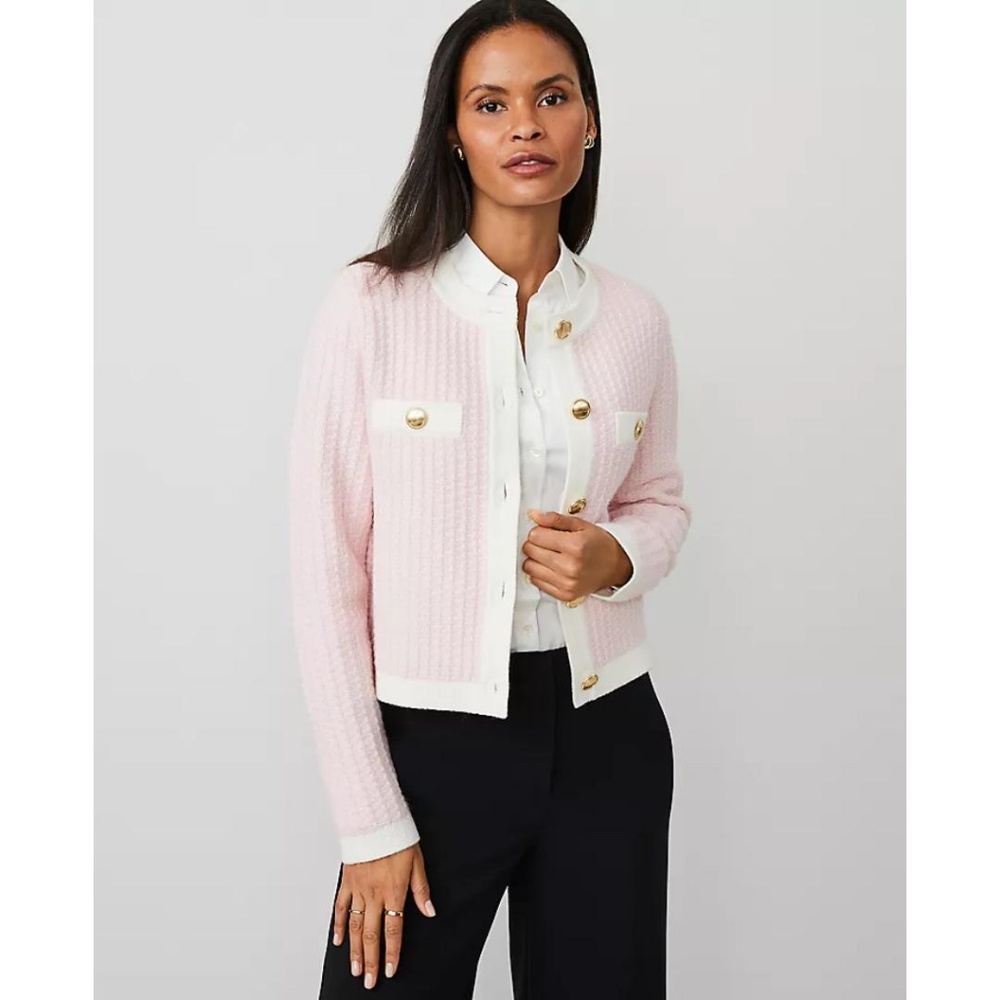 Ann Taylor Light Pink and White Cropped Knit Cardigan with Gold Buttons